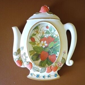 Ceramic Strawberry & Floral Teapot Photo Frame. White Red Green Blue